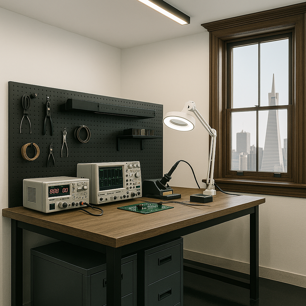 Robotics workbench with robotic arm, soldering station, and test equipment